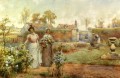 Une dame et sa servante cueillant des chrysanthèmes paysage Alfred Glendening